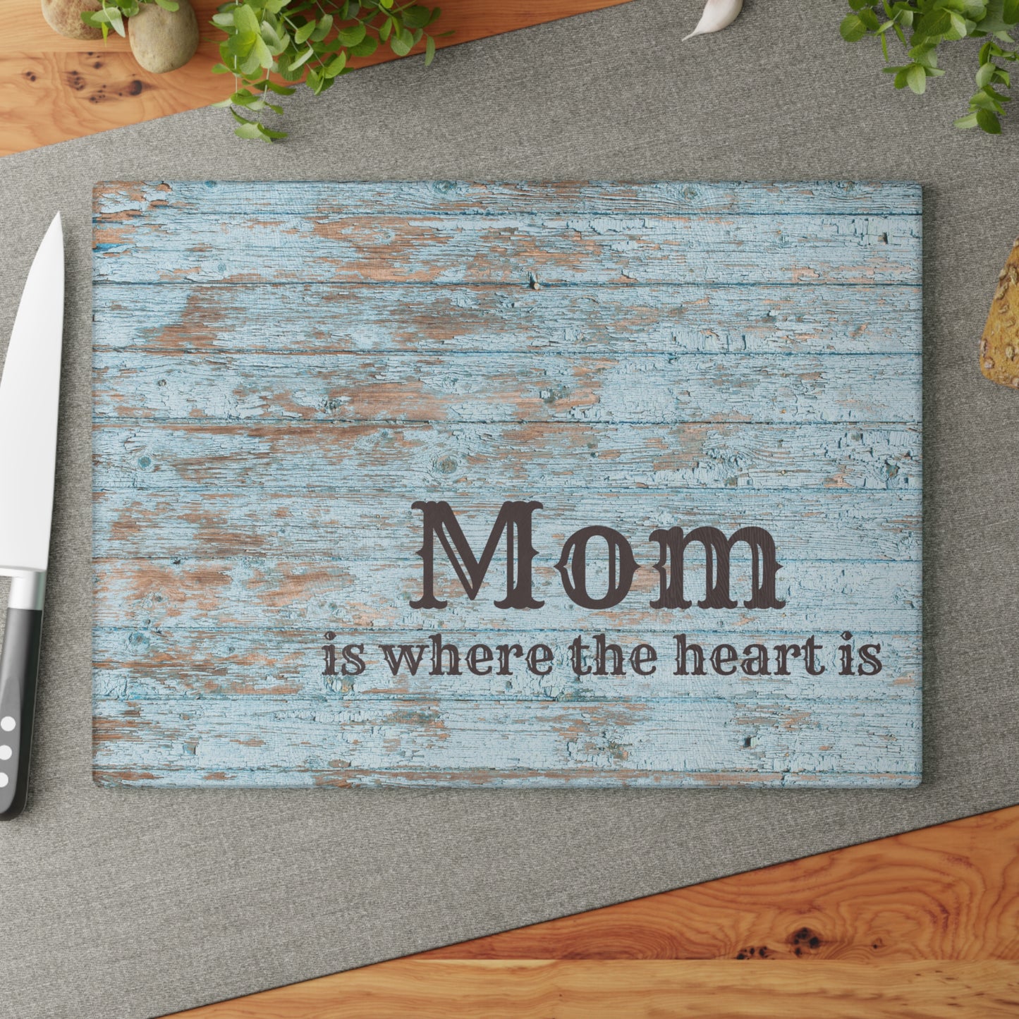 Mom Is Where the Heart Is Glass Cutting Board — Rustic Blue Wood Kitchen Decor