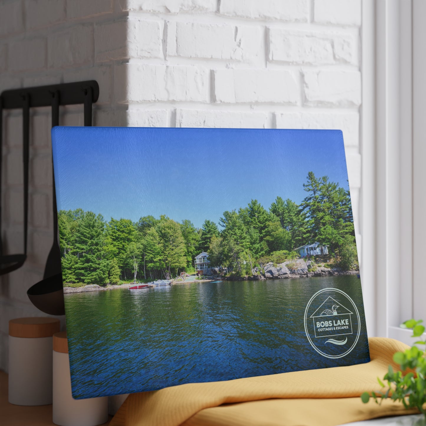 Lakefront Glass Cutting Board — Personalized ‘Bob’s Lake’ Scenic Kitchen Board