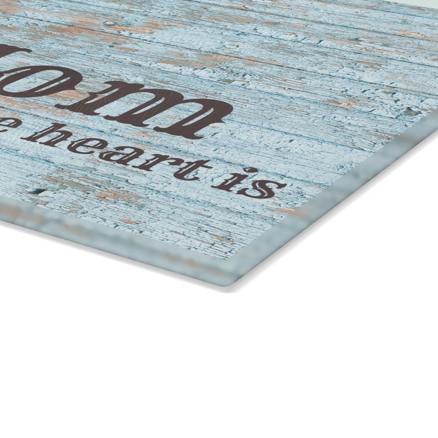 Mom Is Where the Heart Is Glass Cutting Board — Rustic Blue Wood Kitchen Decor