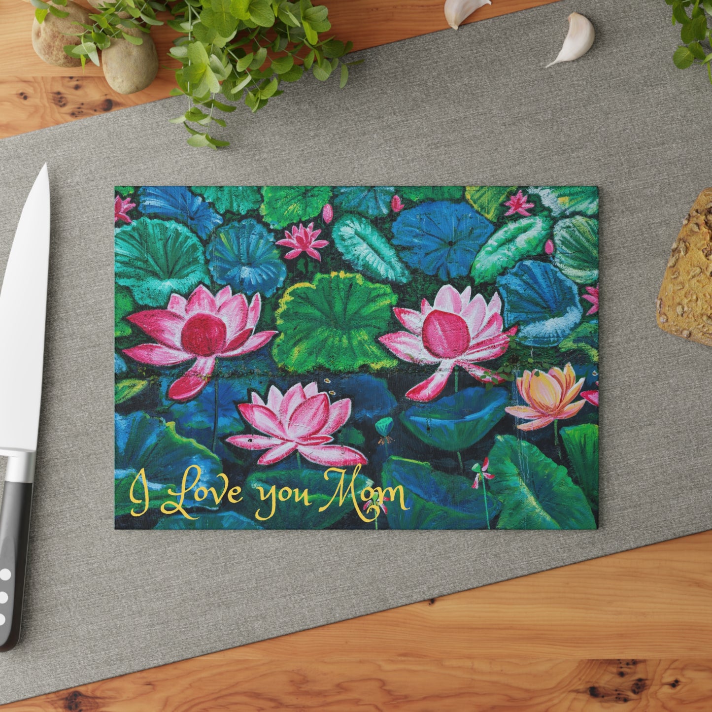 Glass Cutting Board — Water Lilies Design with "I Love You Mom" (Mother's Day Gift)