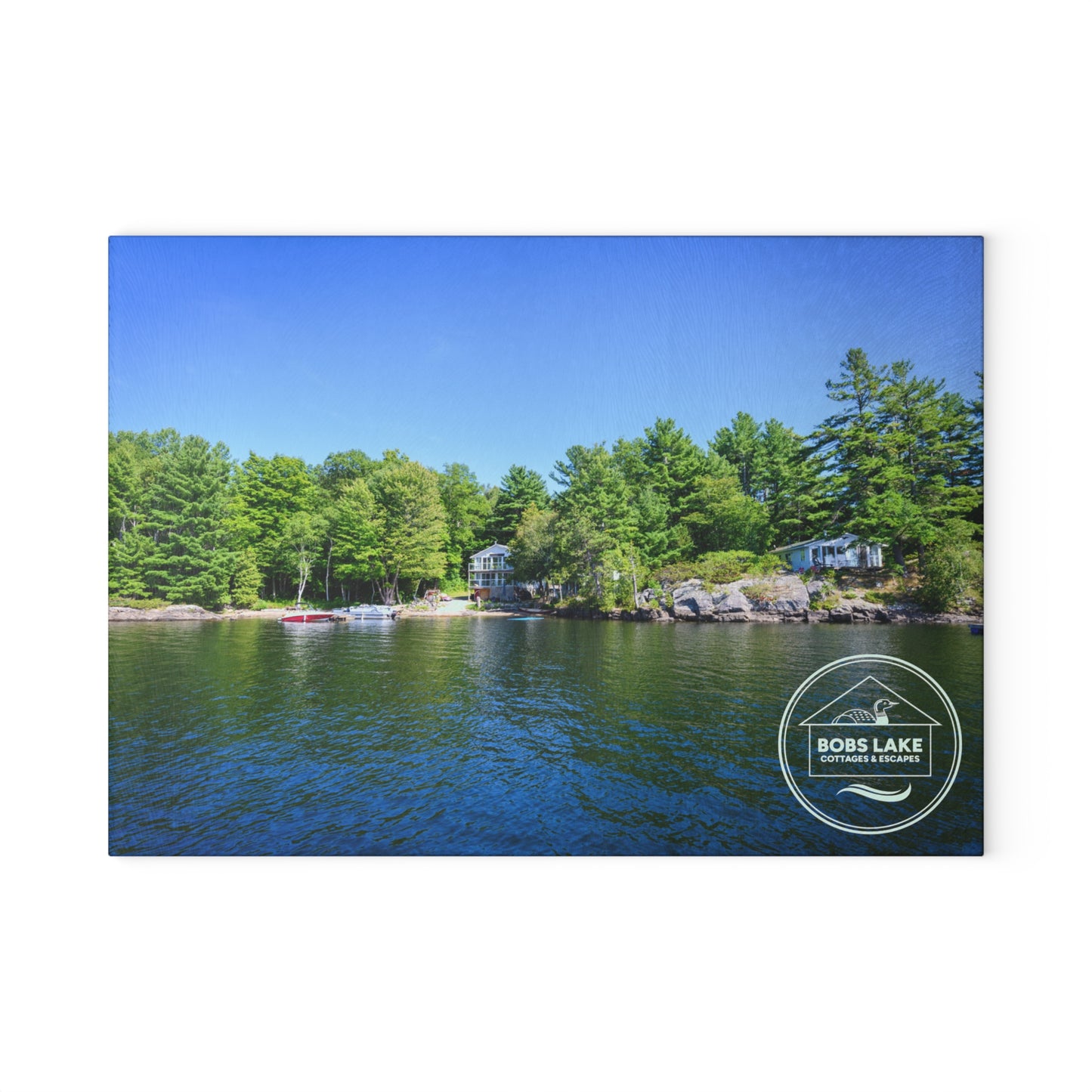 Lakefront Glass Cutting Board — Personalized ‘Bob’s Lake’ Scenic Kitchen Board