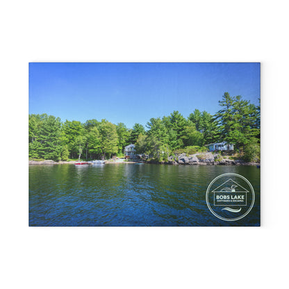 Lakefront Glass Cutting Board — Personalized ‘Bob’s Lake’ Scenic Kitchen Board