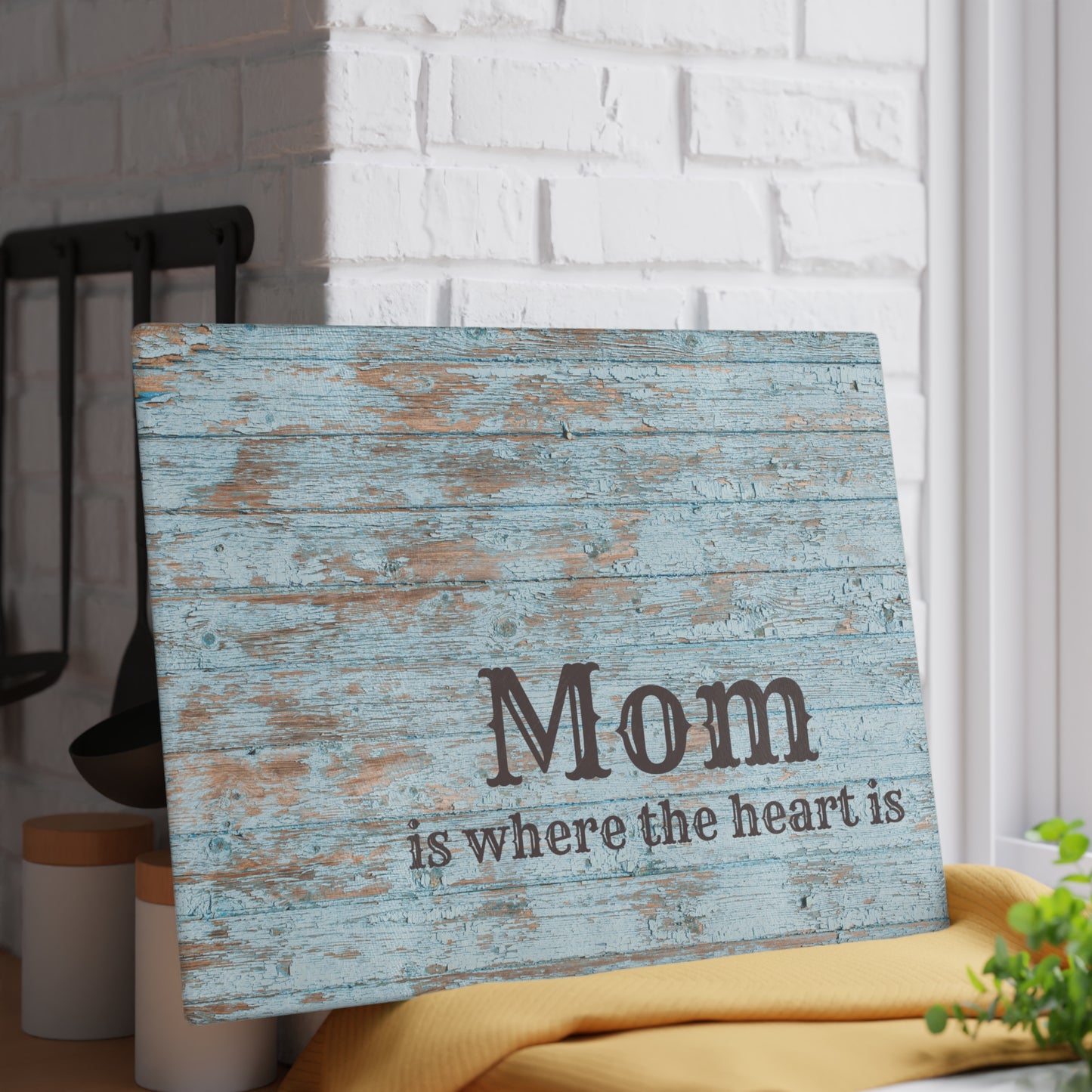 Mom Is Where the Heart Is Glass Cutting Board — Rustic Blue Wood Kitchen Decor