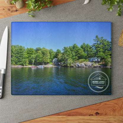 Lakefront Glass Cutting Board — Personalized ‘Bob’s Lake’ Scenic Kitchen Board