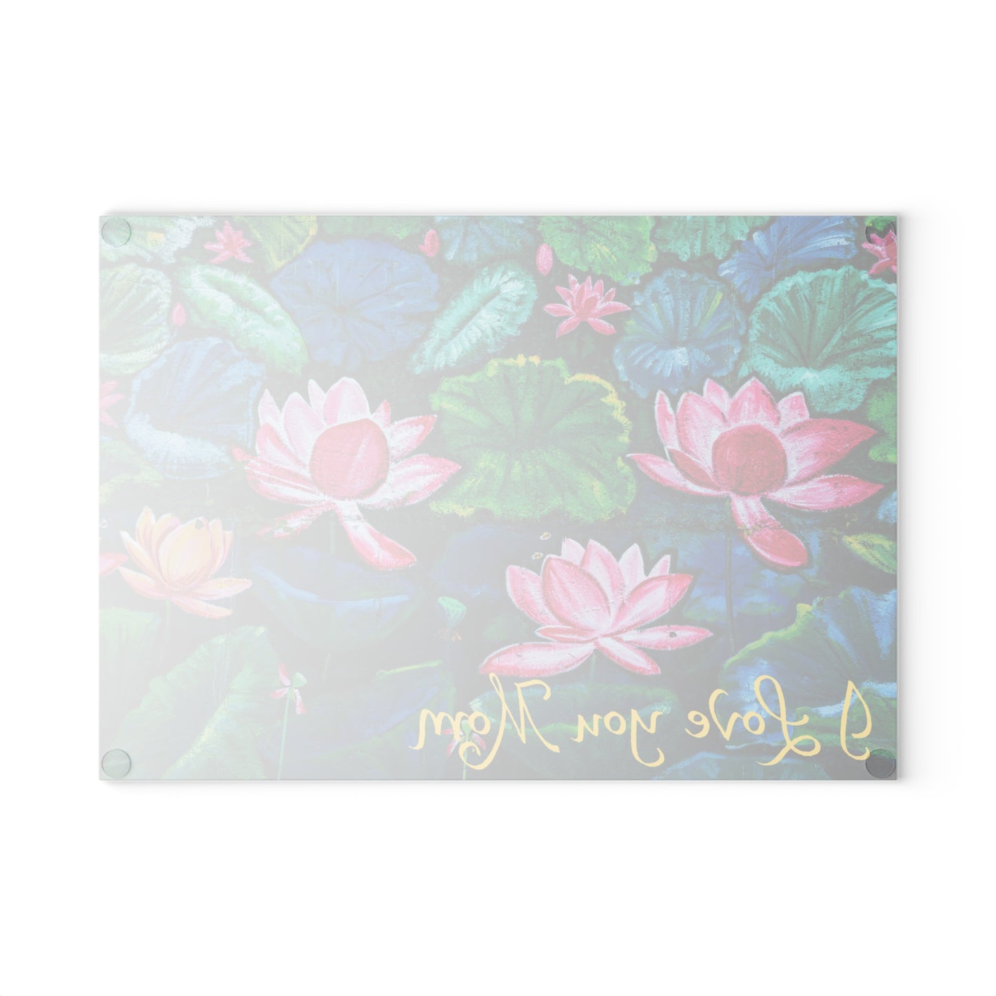 Glass Cutting Board — Water Lilies Design with "I Love You Mom" (Mother's Day Gift)