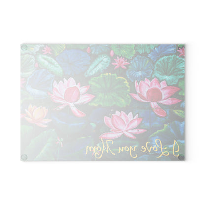 Glass Cutting Board — Water Lilies Design with "I Love You Mom" (Mother's Day Gift)