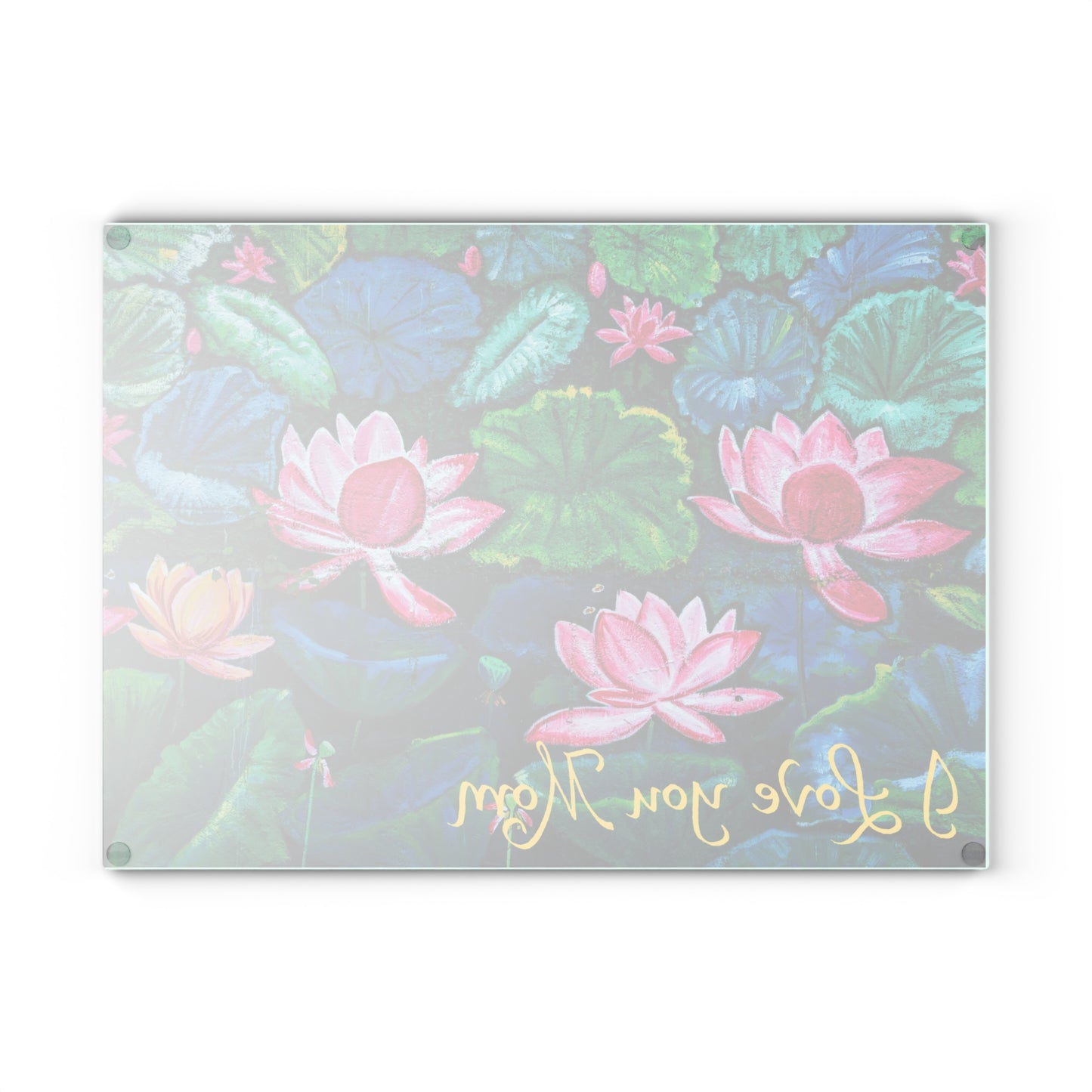 Glass Cutting Board — Water Lilies Design with "I Love You Mom" (Mother's Day Gift)
