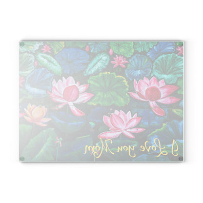 Glass Cutting Board — Water Lilies Design with "I Love You Mom" (Mother's Day Gift)