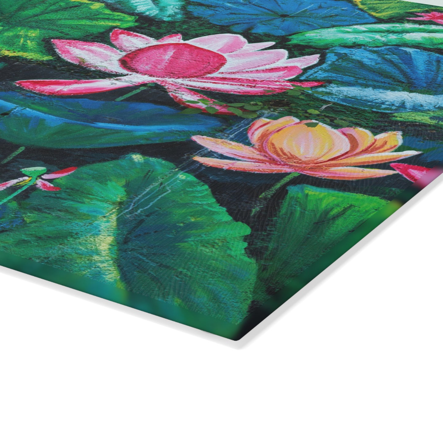 Glass Cutting Board — Water Lilies Design with "I Love You Mom" (Mother's Day Gift)
