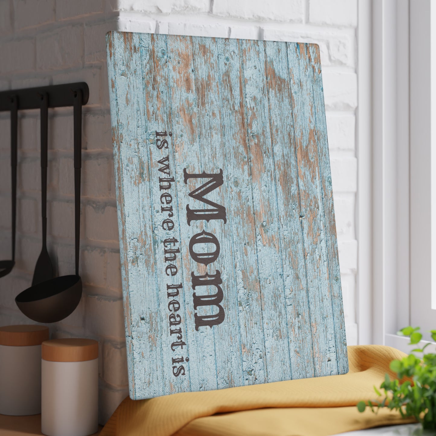Mom Is Where the Heart Is Glass Cutting Board — Rustic Blue Wood Kitchen Decor