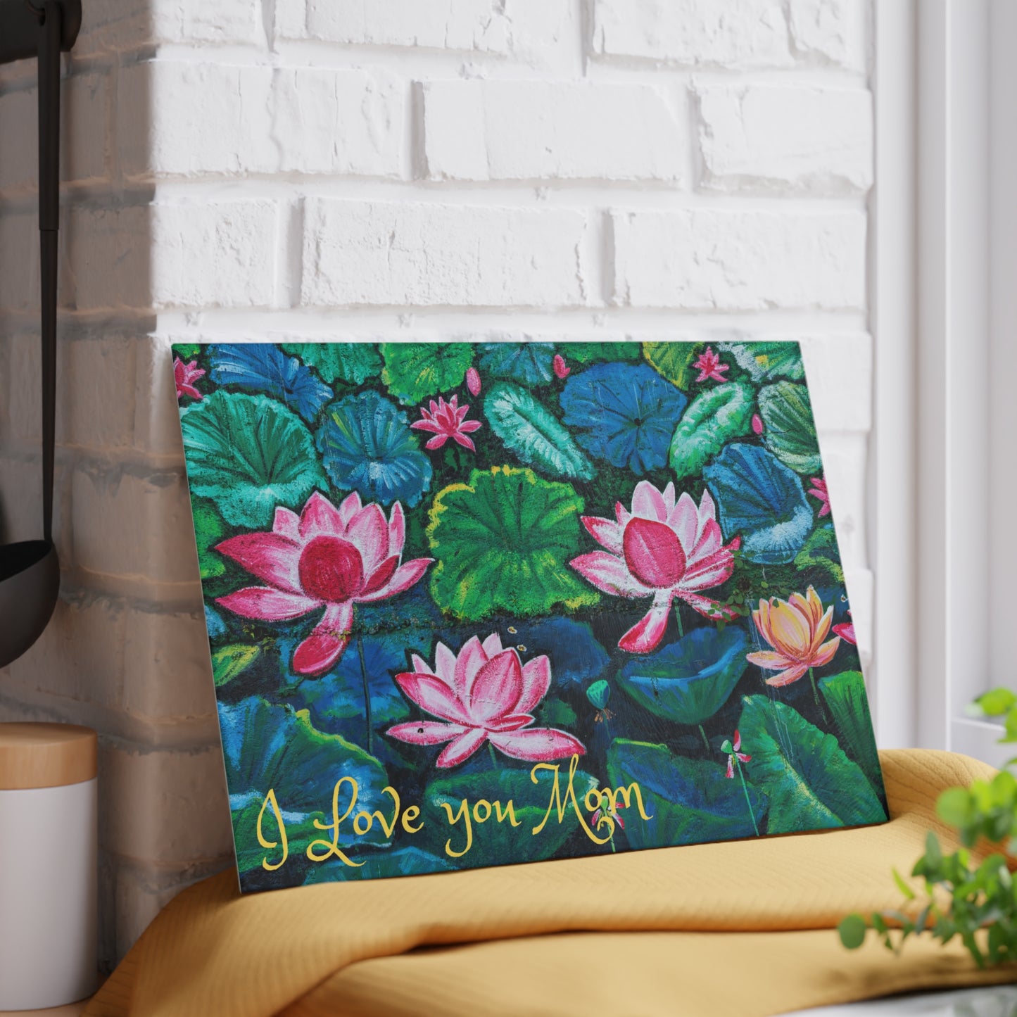 Glass Cutting Board — Water Lilies Design with "I Love You Mom" (Mother's Day Gift)
