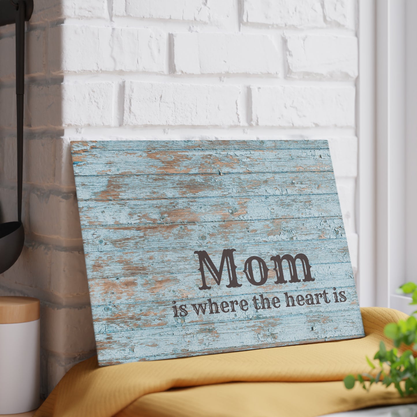 Mom Is Where the Heart Is Glass Cutting Board — Rustic Blue Wood Kitchen Decor