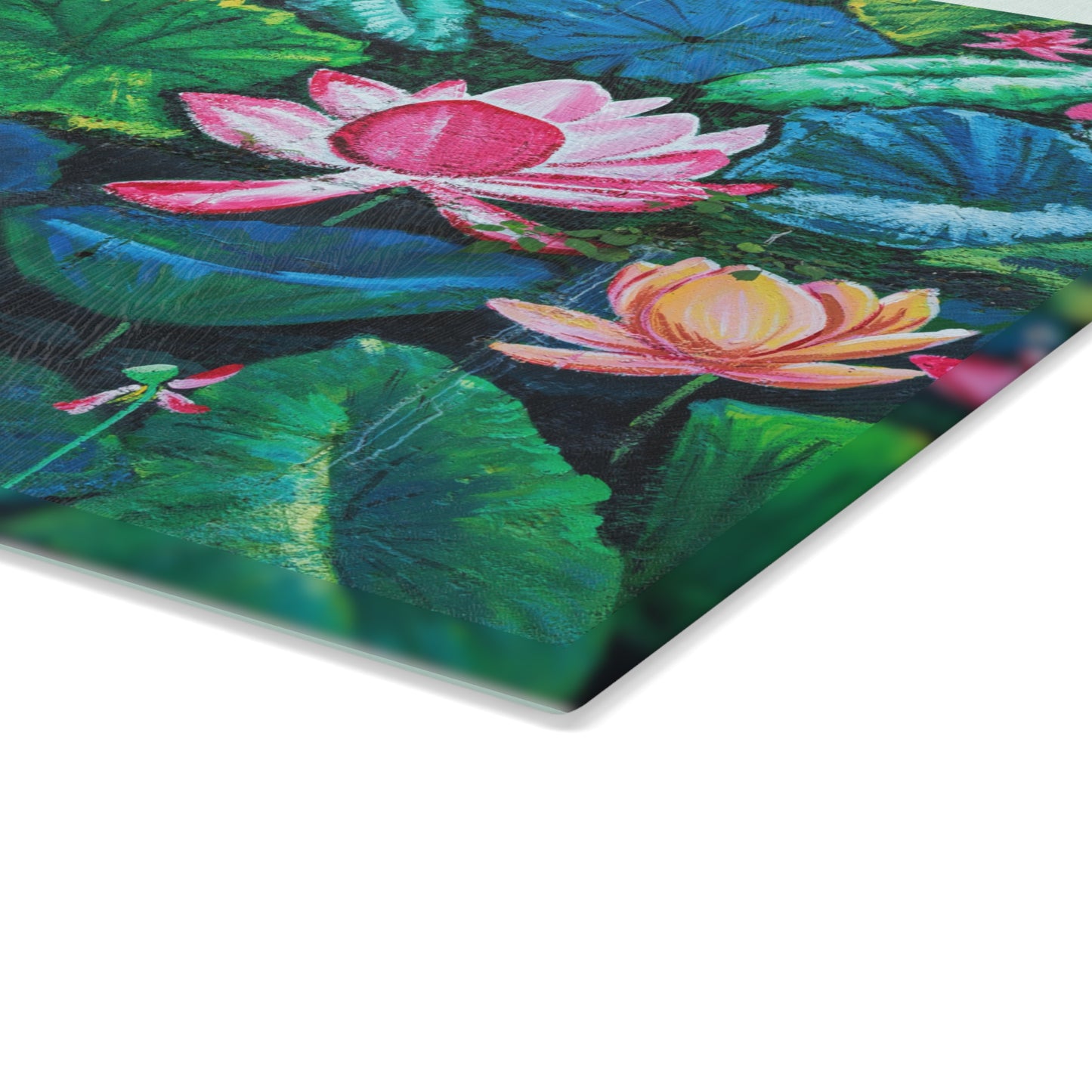 Glass Cutting Board — Water Lilies Design with "I Love You Mom" (Mother's Day Gift)