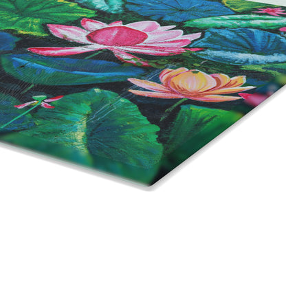 Glass Cutting Board — Water Lilies Design with "I Love You Mom" (Mother's Day Gift)