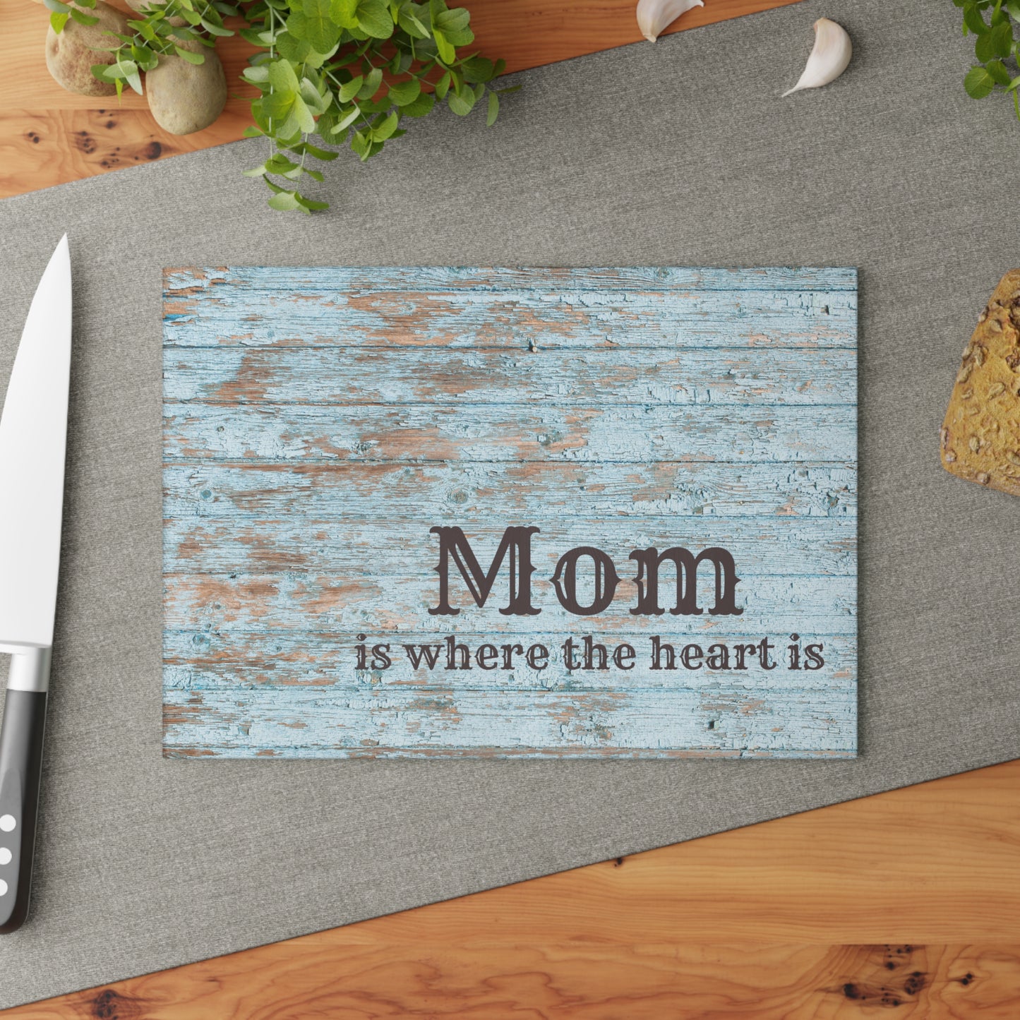 Mom Is Where the Heart Is Glass Cutting Board — Rustic Blue Wood Kitchen Decor