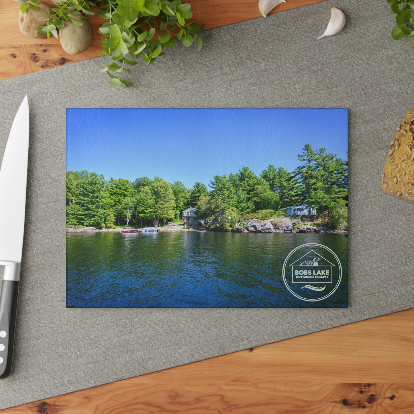 Lakefront Glass Cutting Board — Personalized ‘Bob’s Lake’ Scenic Kitchen Board